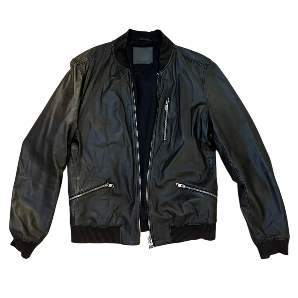 All Saints Men's Black Leather Utility Bomber Jacket size Large - Picture 2 of 4